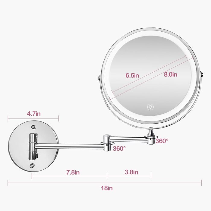 Косметичне дзеркало зі світлодіодним підсвічуванням з /10 шт. збільшенням, дзеркало для гоління з регулюванням яскравості 3 кольори, сенсорний екран, настінне кріплення, що обертається на 360, для ванної кімнати та готелю (сріблясте)