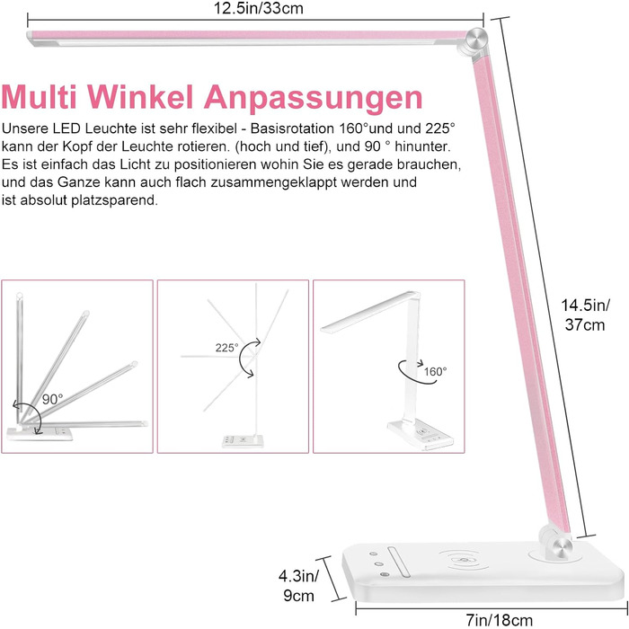 Настільна лампа Weareok LED з регулюванням яскравості, настільна лампа для захисту очей, настільна лампа 5 кольорів і 6 рівнів яскравості, бездротовий зарядний пристрій 10 Вт QI та настільна лампа з USB-портом із сенсорним штекером для офісу Black (рожеви