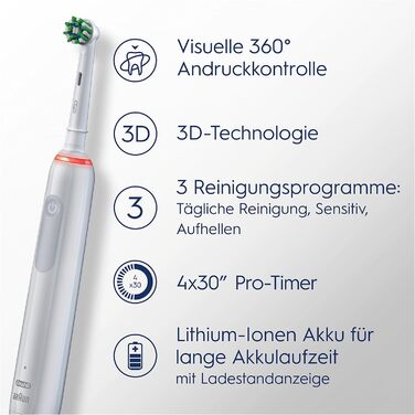 Електрична зубна щітка/електрична зубна щітка Oral-B PRO 3 3500, з 3 режимами чищення та візуальним регулюванням тиску на 360 для догляду за зубами, смужки для подорожей, подарунок чоловіку/жінці, дизайн від Braun, дизайн білої смуги