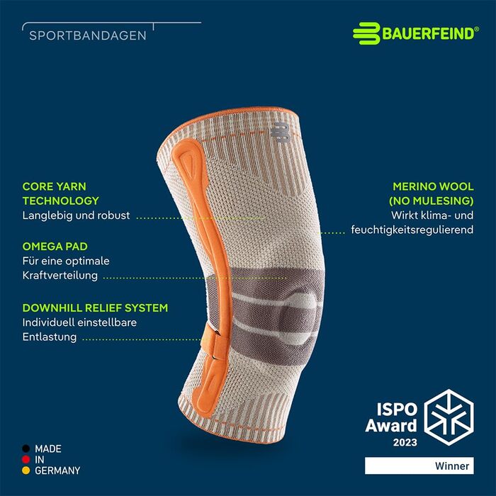 Наколінник BAUERFEIND для туризму Outdoor Knee Support, 1 унісекс наколінник для туристичного спорядження, можна носити праворуч і ліворуч, індивідуально регульований ремінь, мериносова шерсть XL