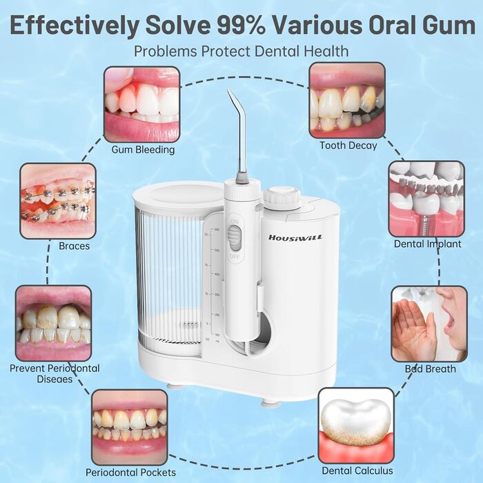 Іригатор для порожнини рота, очищувач міжзубних зубів з 10 рівнями тиску та 7 насадками, водонепроникний електричний іригатор для порожнини рота IPX7, професійний водяний флоссер 600 мл фіксований для дому та подорожей білий