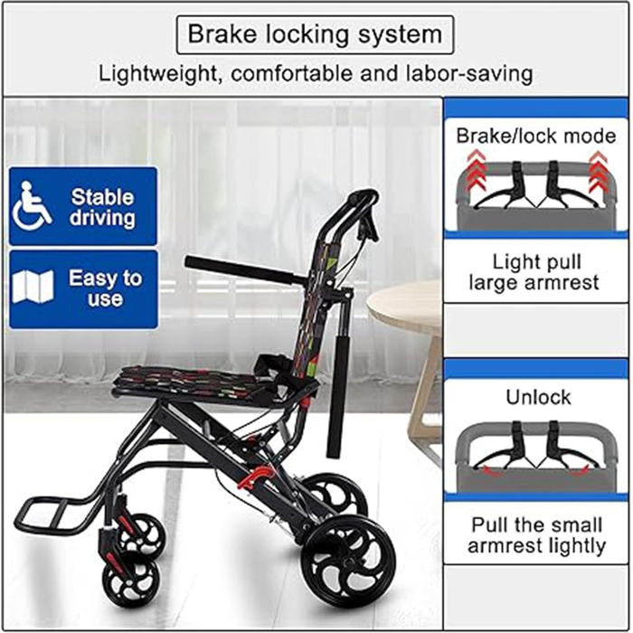 Інвалідне крісло, складне крісло колісне з вуглецевої сталі Портативне крісло колісне легко транспортувати за допомогою складного підлокітника та педалей для людей похилого віку A