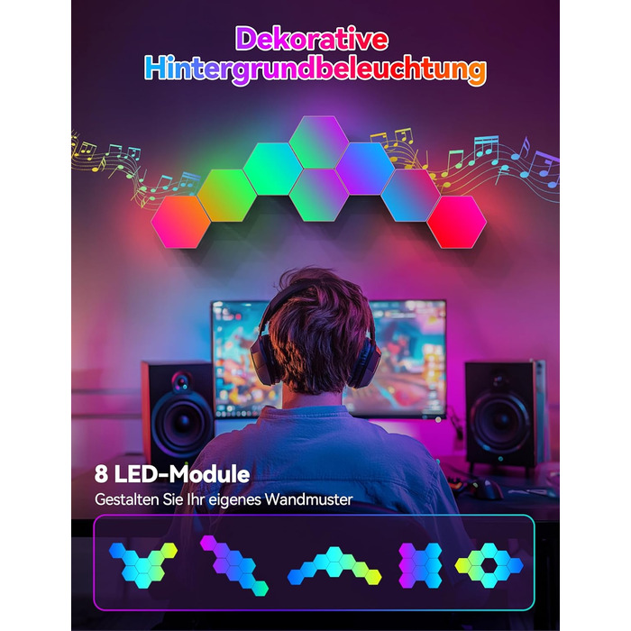 Настінний світильник з дистанційним керуванням, Music Sync, APP Control, Smart Hexagon Lamp for Room Decoration, Gaming, 8 шт., LED Hexagon Gaming Wall Light, RGB Hexagon Honeycomb