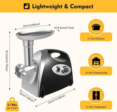 М'ясорубка електрична, м'ясорубка 2800 Вт, чорна м'ясорубка з ковбасним наповнювачем, мультикухонний комбайн, м'ясорубка з нержавіючої сталі 3 в 1 М'ясорубка з 3 шліфувальними пластинами для домашнього використання