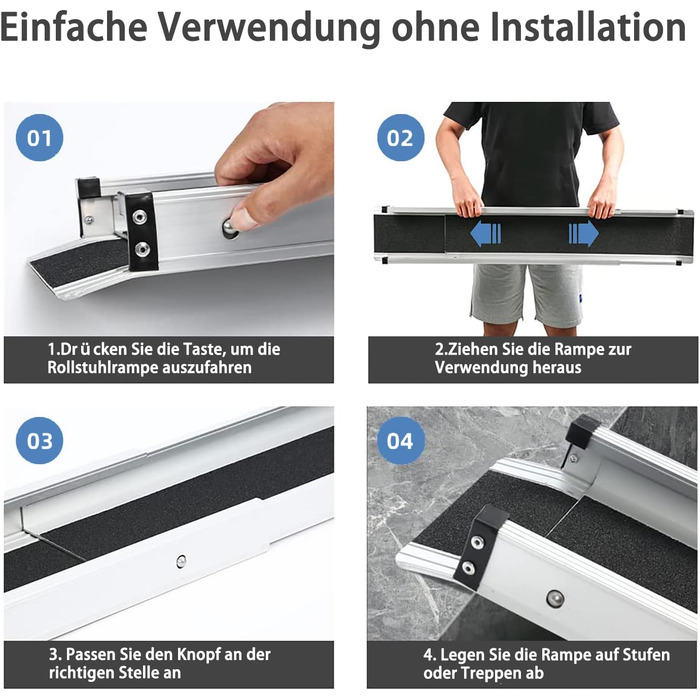 Телескопічний пандус для інвалідних візків 83,5-152 см, регульований регульований портативний алюмінієвий нековзний телескопічний пандус з вантажопідйомністю 272 кг для сходів, перешкод, сходинок будинку, в текстильній сумці, 5 футів-(83,5-152 см), 2 шт.