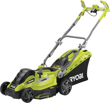 Електрична газонокосарка Ryobi RLM15E36H, потужність 1500 Вт, ширина зрізу 36 см, 5-ступінчасте центральне регулювання висоти зрізу, гребінець для газону EasyEdge, вкл. мульчуючий клин, мішок для трави 45 л, арт. 5133002345