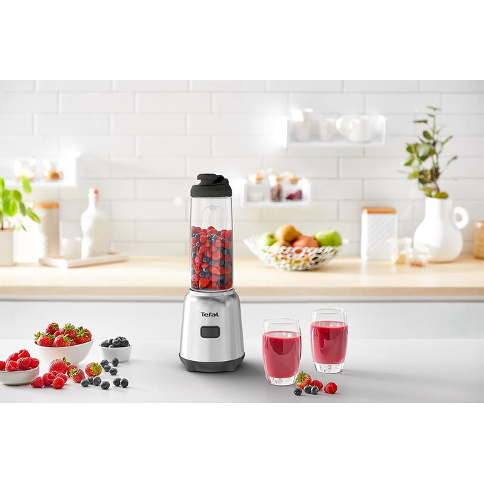 Міні-міксер Tefal BL15FD Mix and Move, 300 Вт, 2 пляшки на винос преміум класу Tritan, компактний дизайн, легко чиститься, знімні леза, керування однією кнопкою, сріблястий/сірий