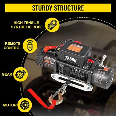 М Кабельна електрична лебідка 13500 фунтів (6123,5 кг), Електрична лебідка Лебідка з електродвигуном Лебідка 4-ходовий двигун Лебідка, Електрична лебідка 12 В Радіо Дистанційне керування Електрична лебідка з аксесуарами Автомобіль, 27