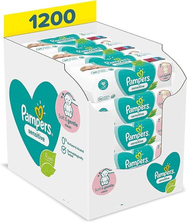 Дитячі вологі серветки Pampers Sensitive Baby, 1200 серветок (15 x 80) для чутливої дитячої шкіри, дерматологічно протестовано, дитяче початкове обладнання для новонароджених, 80 шт. (15 упаковок) 1200 шт. (1 упаковка)