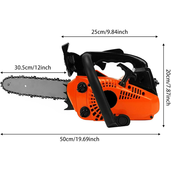 Бензинова бензопила, 25 куб.см, верхня ручка, шина літій-іонна, безщіткова, акумуляторна бензопила, легка і потужна бензопила, 2-тактна, 25,4 см, садова обрізка дерев