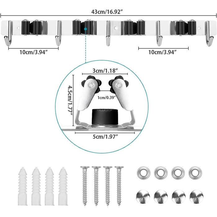 Тримач для мітли з нержавіючої сталі SHYOSUCCE, настінний тримач для мітли з 4 слотами та 5 гачками, настінний кронштейн для тримача приладу для кухні, ванної кімнати, гаража та саду, чорний 44 см чорний