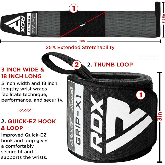 Бинти на зап'ястя RDX Фітнес-тренування з обтяженнями, затверджений IPL USPA, 45-сантиметровий спортивний бинт Ремені для обгортання зап'ястя, бандаж на зап'ястя Бандажі на зап'ястя Силові тренування Аксесуари для важкої атлетики Чоловічі жіночі засоби дл