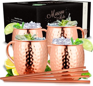 Кружки Vezato Moscow Mule Mugs 500 мл - Ковані мідні кружки з соломинками - Набір ручної роботи 4 шт. и - Мідні кружки з нержавіючої сталі