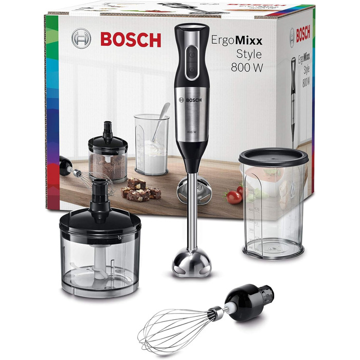 Ручний блендер Bosch ErgoMixx Style MS6CM4150, ніжка блендера з нержавіючої сталі, чашка для змішування та вимірювання, віночок, 4-лезовий ніж, ергономічний дизайн, 12 рівнів плюс турбо, 800 Вт, L-подрібнювач з нержавіючої сталі 500 мл