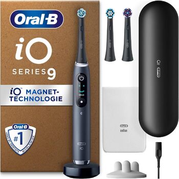 Електрична зубна щітка Oral-B iO Series 9 Plus Edition, ПЛЮС 3 насадки для щітки, 7 режимів очищення для догляду за зубами, зарядний футляр для зарядки, Designed by Braun, чорний онікс