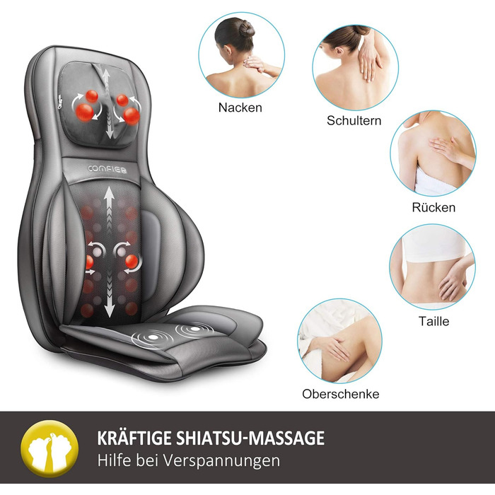 Масажна подушечка для сидіння COMFIER Shiatsu з масажем для розминання, перекочування, вібрації та стиснення повітря, масажна подушечка з функцією нагрівання, для шиї, плечей, спини та стегон, подарунок до Дня батька