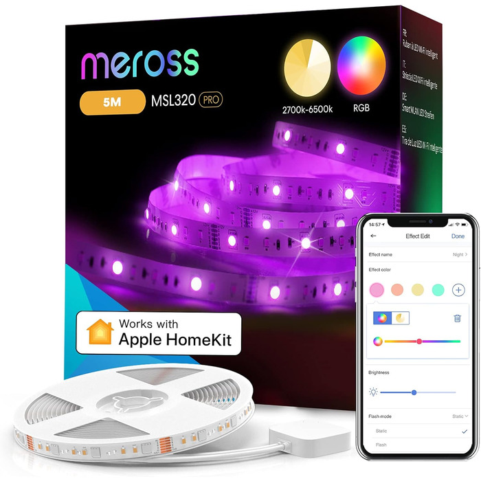 Стрічка Meross Wi-Fi RGBW працює з Apple HomeKit, розумною світлодіодною стрічкою 5 м і світлодіодною лампою RGBCW WLAN працює з Apple HomeKit, комплектом настільної лампи RGBCW з регулюванням яскравості та приліжковою лампою