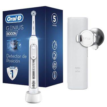 Електрична зубна щітка Oral-B Genius 8000N з додатком для визначення положення та розумного тренування, 5 програм чищення, тримач для смартфона та дорожній кейс, срібний одинарний