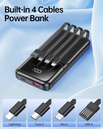 З 4 кабелями, Power Bank USB-C 22,5W Fast Charging зовнішня батарея мобільного телефону, PD20W портативний зарядний пристрій зі світлодіодним дисплеєм для iPhone Samsung Huawei Outdoor, 15000mAh