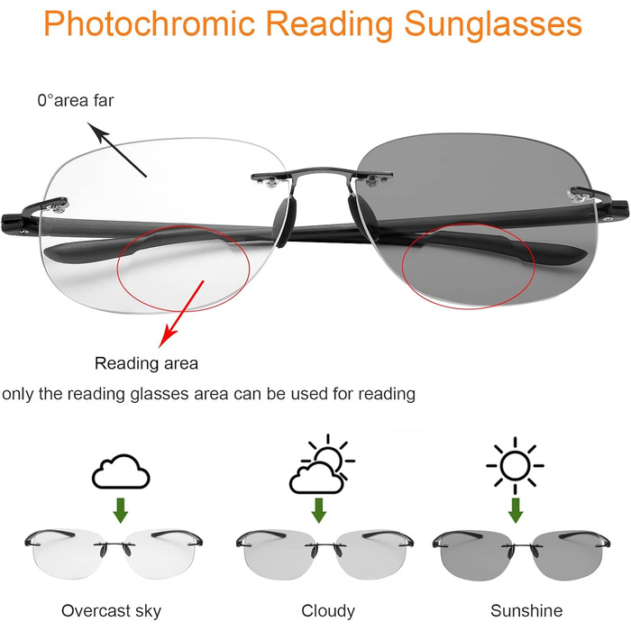 Фотохромні біфокальні сонцезахисні окуляри MIRYEA без оправи Перехідні окуляри для читання Комп'ютерні окуляри з блоком синього світла UV400 Захисні окуляри Чорний 2.0 x