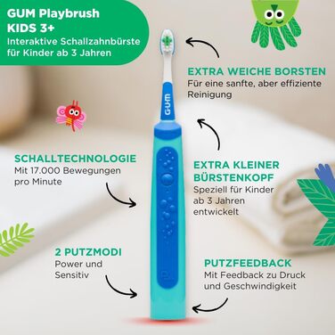 Електрична зубна щітка GUM Playbrush KIDS 3 Інтерактивний ігровий додаток 2 режими очищення Дуже м&39яка щетина Батарея на 8 тижнів Таймер звукова зубна щітка, акумуляторна 2 додаткові насадки для щіток Синій