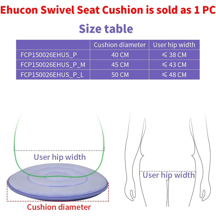Поворотна подушка сидіння Ehucon на 360 градусів Поворотна подушка сидіння Поворотна дискова накладка для літніх людей, вагітної жінки, поворотне автокрісло. Легке перевертання з ліжка на інвалідне крісло або крісло (упаковка з 1 стійки (40 см))