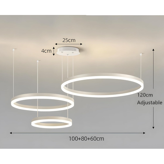Металева світлодіодна люстра WayLuoung 3 кола 204060см Стельовий підвісний світильник з кільцями 45 Вт, пульт дистанційного керування з регулюванням яскравості 3000-6000K, підвісний світильник з акриловим абажуром, вітальня, спальня, фойє, їдальня (білий,