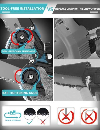 Міні-бензопила з акумулятором, 6-дюймова акумуляторна бензопила, 2 акумулятора по 2,0 Ач, автоматична система змащення, не вимагає інструментів, проста установка, акумулятор для ручної бензопили для садових ножиць синій