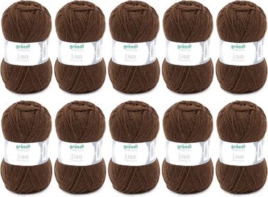 Пряжа Grndl Lisa Premium Uni Knitting & Crochet Yarn (м'яка і схожа на шерсть, пряжа для в'язання, що легко миється, з 100 поліакрилу, 50 г/ 133 м, розмір голки 3,5 - 4,5, 10 кульок по 50 г кожен), (шоколад)