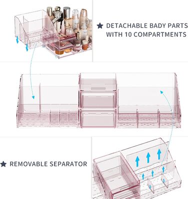 Органайзер для макіяжу, велика місткість, органайзер для макіяжу та зберігання з висувними ящиками, органайзер для макіяжу для туалетного столика, пензликів для макіяжу, лаку для нігтів та косметичних засобів (рожевий) рожевий