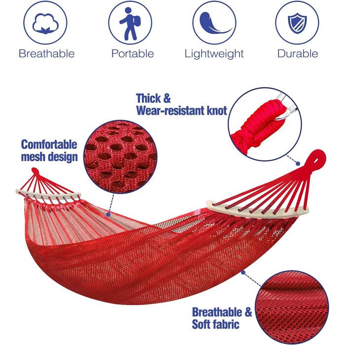 Сітка для гамака Anyoo з розкидними стрижнями, дихаючий охолоджуючий сітчастий барний гамак з ременями для дерева для відкритого/внутрішнього саду, балкона, патіо, заднього двору, кемпінгового гамака Red Rod