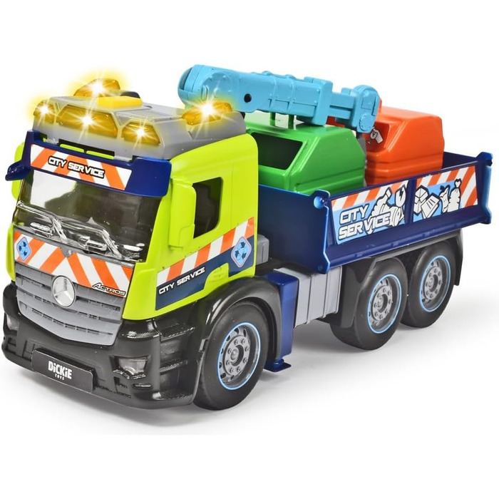 Вантажівка для переробки сміття Dickie Toys Action Truck з контейнером для сміття, з краном, звуковою та світловою сигналізацією, функцією завантаження та розвантаження, для збору сміття для дітей віком від 3 років 203745015 Зелений/синій