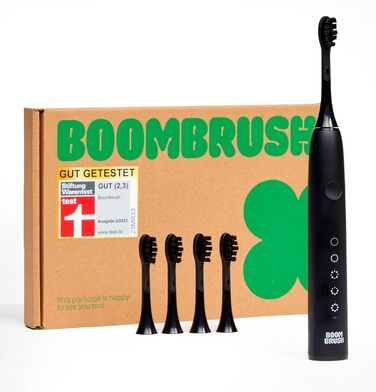 Електрична зубна щітка BOOMBRUSH - звукова зубна щітка з батареєю на 90 днів, включаючи 5 щіток - чорна - Ефективна звукова технологія - електрична зубна щітка для чищення порожнини рота Black Starter Kit 5 щіток