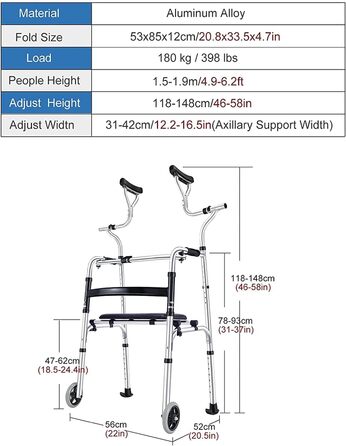 Регульований по висоті візок для людей похилого віку з підтримкою сидіння та пахв, розбірний допоміжний засіб для ходьби для високих людей, дорослих, прикраса