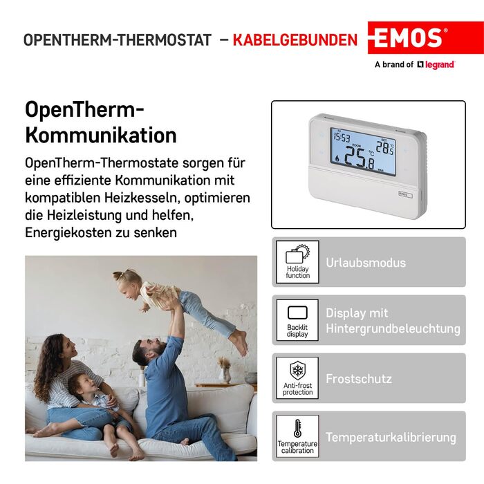 Цифровий кімнатний термостат Emos з підтримкою OpenTherm - програмований дротовий термостат для поверхневого монтажу, білий, 12,6 x 8,4 x 2,6 см