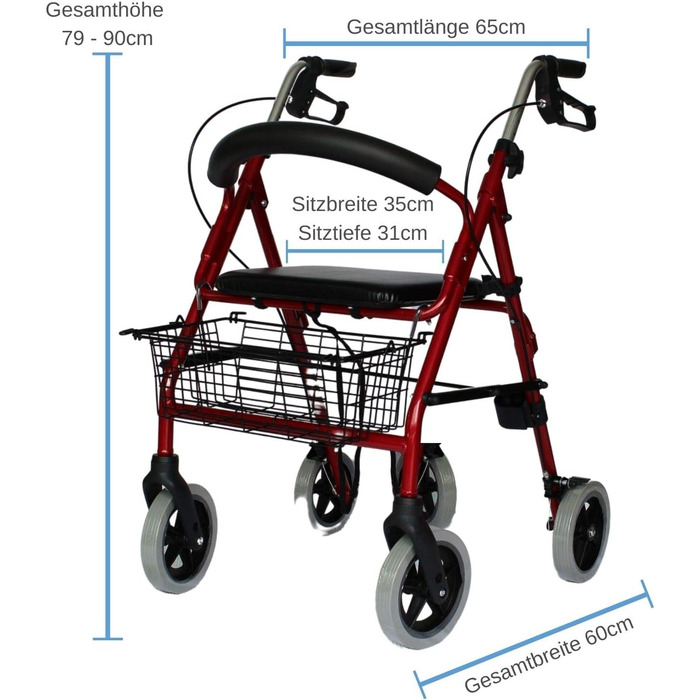 Легкий роллер LR 56 I Rollator з сидінням, включаючи кошик для покупок і тримач палиці для ходьби, з новітньою технологією складання та регулюванням висоти (56 см червоний)