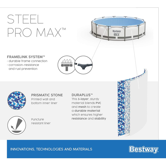 Каркасний басейн Bestway Steel Pro MAX Повний комплект з фільтруючим насосом Ø 366 x 122 см, світло-сірий, круглий одинарний