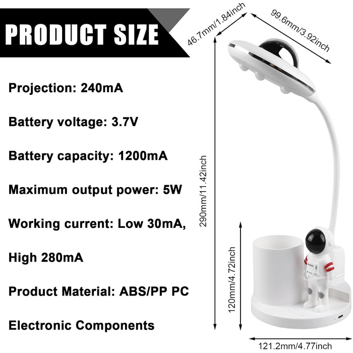 Настільна лампа дитяча, світлодіодна приліжкова лампа з регульованим рівнем яскравості, настільна лампа, що перезаряджається, навчальна лампа Гусяча шия Світлодіодна лампа для читання з тримачем для ручки Проекція зірки для дітей біла