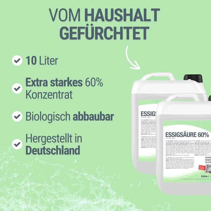 Л оцтова кислота 60 Ідеальний засіб для чищення та видалення накипу Для дому та саду Оцтова есенція преміум якості - Зроблено в Німеччині 10 л (1 упаковка) 60, 10