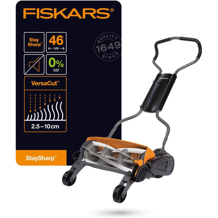 Циліндрична газонокосарка Fiskars, газонокосарка з безконтактною системою різання, ширина зрізу 46 см, StaySharp Max, чорна/помаранчева/срібляста, 1000591