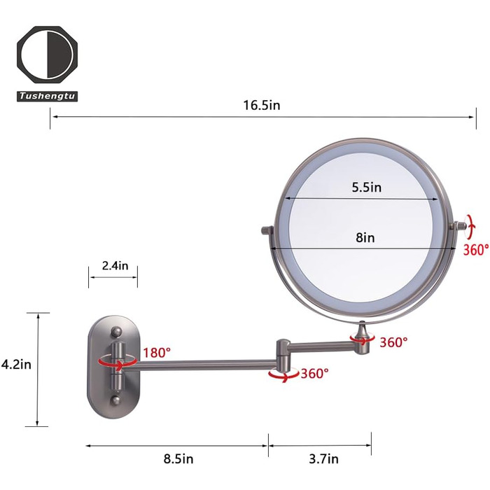 Дзеркало для макіяжу TUSHENGTU з підсвічуванням, косметичне дзеркало 20,32 см настінне для дзеркала у ванній кімнаті з 10-кратним збільшенням, світлодіодне акумуляторне (нікель, 10X) Нікель 32L x 44B см