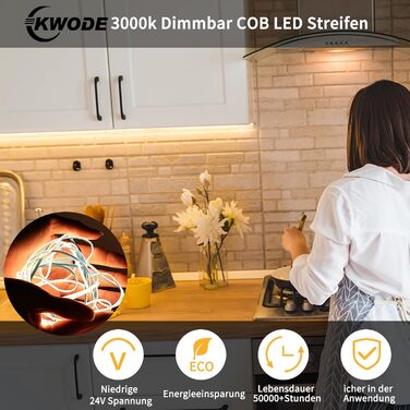 Світлодіодна стрічка KWODE COB 3000K Тепла біла, 2M 768LED, світлодіодна стрічка COB з можливістю затемнення шириною 3 мм, гнучка світлова стрічка 12 В постійного струму з джерелом живлення та радіочастотним пультом дистанційного керування для вітальні, с