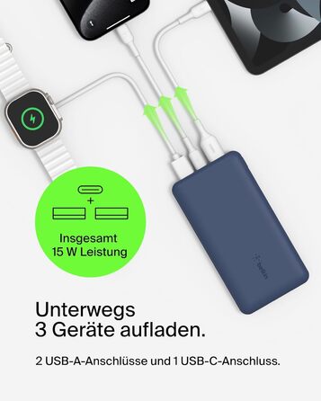 МАг, 1 порт USB-C і 2 порти USB-A для зарядки iPhone, AirPods, iPad, Android або інших пристроїв потужністю до 15 Вт) - синій, 10 000