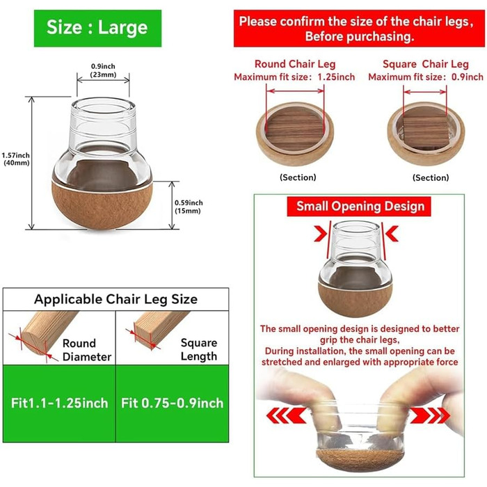 Захисні накладки на ніжки стільців для паркетної підлоги з повстяними ковзаннями для захисту ніжок стільців дерев'яних меблів, 24 шт. и, S