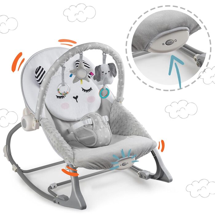 Дитяча гойдалка Nukido Baby Bouncer з музикою - Металевий каркас і міцний пластик - Замок гойдалки - Вібраційна система - Додаткова іграшка Montesorri - 48 x 62 см - Сірий