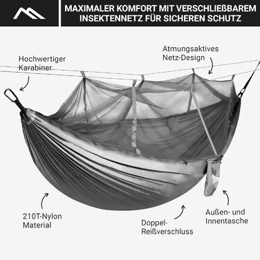 Кемпінговий гамак MSPORTS Premium Ultralight з москітною сіткою Вантажопідйомність 250 кг, дихаючий (сріблясто-сірий)