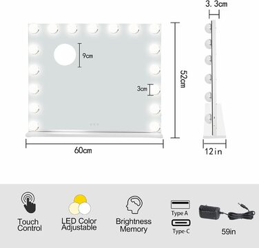 Дзеркало для макіяжу LIANWANG з підсвічуванням, дзеркало з 17 світлодіодами з регулюванням яскравості та 3 колірними температурами, голлівудське дзеркало з сенсорним управлінням, 60x50см 52L x 60B см Білий