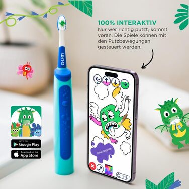 Електрична зубна щітка GUM Playbrush KIDS 3 Інтерактивний ігровий додаток 2 режими очищення Дуже м&39яка щетина Батарея на 8 тижнів Таймер звукова зубна щітка, акумуляторна 2 додаткові насадки для щіток Синій