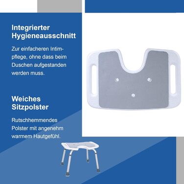 Сидіння для душу Akriva Comfort з гігієнічним вирізом - Регульований по висоті стілець для душу - Нековзний, стійкий і зручний - Легкий табурет для ванної кімнати - Сидіння для душу (Hygiene Comfort)