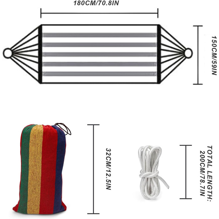 Гамак на відкритому повітрі, Гамак MYLERCT для 2 осіб, 260 x 150 см, вантажопідйомність 300 кг, з сумкою для перенесення, смугастий дорожній гамак, брезентовий гамак для вулиці, кемпінгу, балкона, пляжу
